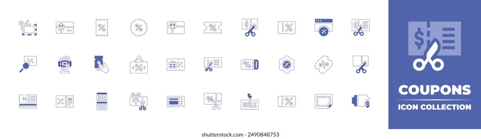 Coupons icon collection. Duotone style line stroke and bold. Vector illustration. Containing giftcard, voucher, discountcoupon, coupon, flashsale, sale, sign, food, discount.