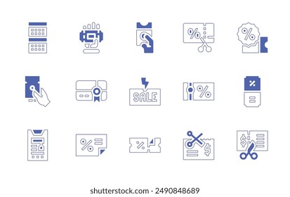 Coupons icon set. Duotone style line stroke and bold. Vector illustration. Containing voucher, giftvoucher, coupon, flashsale, giftcard, discountvoucher.