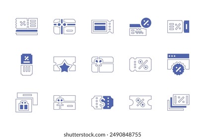 Coupons icon set. Duotone style line stroke and bold. Vector illustration. Containing coupon, giftcard, sale, discount, discountticket, voucher, food.