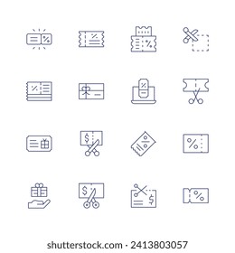 Juego de iconos de cupones. Icono de línea delgada. Trazo editable. Con descuento, comida, cupón, giftcard, cupón.