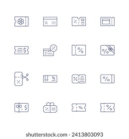 Juego de iconos de cupones. Icono de línea delgada. Trazo editable. Con billete, vale, descuento, giftvoucher, giftcard, cupón.