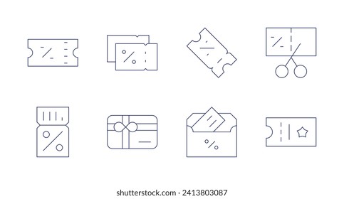 Coupons icons. Editable stroke. Containing voucher, discount, giftcard, coupon, coupons.