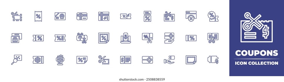 Coupons line icon collection. Editable stroke. Vector illustration. Containing voucher, coupon, discountcoupon, discount, giftcard, sale, discountvoucher, ticket.