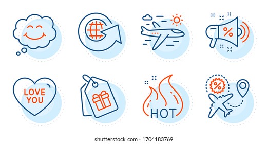 Coupons, Love you and World globe signs. Sale megaphone, Airplane travel and Hot sale line icons set. Smile symbol. Shopping, Trip flight. Holidays set. Outline icons set. Vector