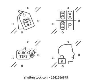 Coupons, Parking place and Education idea line icons set. Unlock system sign. Shopping tags, Transport, Quick tips. Access granted. Line coupons outline icon. Vector