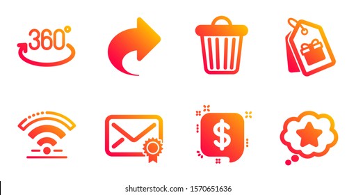 Coupons, Payment message and Trash bin line icons set. Full rotation, Share and Wifi signs. Verified mail, Loyalty star symbols. Shopping tags, Finance. Business set. Vector