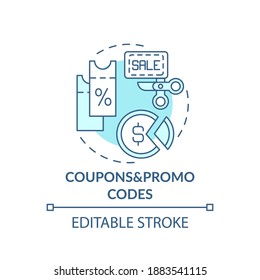 Coupons and promo codes concept icon. Shopping tip idea thin line illustration. Extra discount on next purchase. Percentage-based discount. Vector isolated outline RGB color drawing. Editable stroke