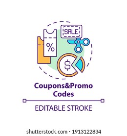 Coupons and promo codes concept icon. Shopping tip idea thin line illustration. Extra discount on next purchase. Attracting customers. Vector isolated outline RGB color drawing. Editable stroke
