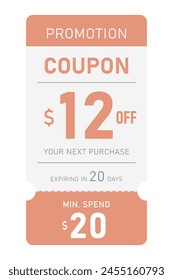 Coupons promotion $12 discount gift on orange background. Flat style. Vector illustration.