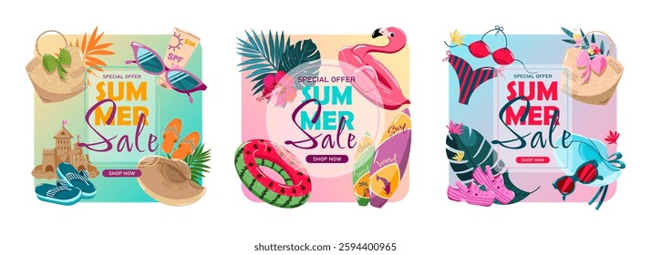 Coupons, summer discount and sale badges. Design template with beach holiday products.