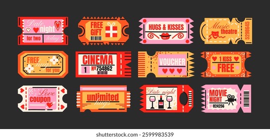 Coupons tickets set. Cartoon various gift, movie, and wish coupons in a doodle retro style. Fun and colorful illustrations for discounts, special offers, and entertainment concepts in 90s style
