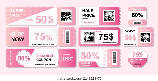 Coupons valentines day. Collection of graphic elements for website. Discounts and special offers, promotions. Holiday of love sales. Cartoon flat vector illustrations isolated on white background