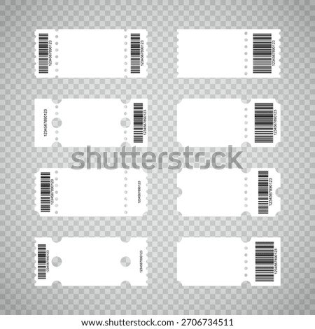Coupons, voucher, ticket template set. coupon mockup, ticket, discount voucher, festival pass and voucher. Tickets for events, circus, show. Vector illustration