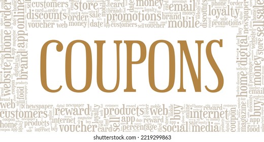 Coupons word cloud conceptual design isolated on white background.