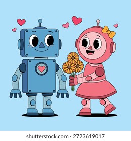 Robot de pareja con flores y corazones