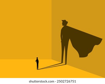 Courage and ambition. Business with shadow of superhero, symbol of power