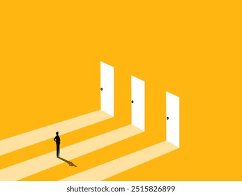 Courage, ambition. Businessman stands at the door to choose a path