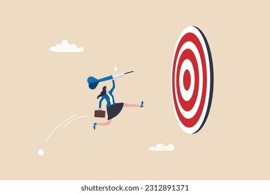 Courage or ambition to reach goal, business challenge or aiming for target, achievement, reach target bullseye, aspiration, objective or purpose concept, courage businesswoman jump to hit target.