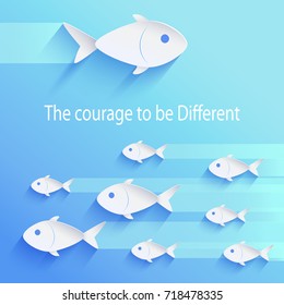 The courage to be different, motivational picture of flock of fish in same direction and big one swimming in opposite way vector illustration