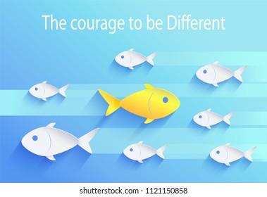 Courage to be different, risk taker fish icon. Set of white fingerlings swimming one way with yellow zooid moving other direction vector illustration