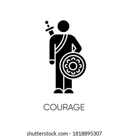 Courage black glyph icon. Feeling of bravery, fearlessness. Human psychology, mental state silhouette symbol on white space. Brave person, hero with sword and shield vector isolated illustration