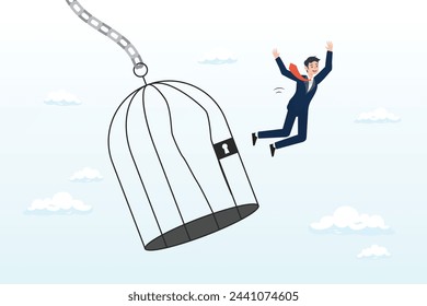 Courage businessman escape from bird cage jump and fly away, courage to escape for freedom, get out of comfort zone to find new job, open mind or fly away for better life, hope and liberty (Vector)