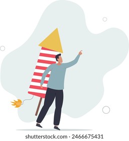 courage businessman with firework booster starting to fly.flat vector illustration.