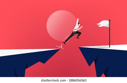 Courage businessman jump through the gap between hill. Business symbol idea vector illustration