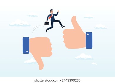 Courage businessman jumping from thumb down to thumb up, change or transform to better opportunity, improvement or courage, determination to progress or career growth, aspiration or challenge (Vector)