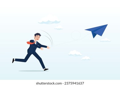 Courage businessman launching paper airplane origami into the sky, start your own business, begin new company or launch new project, opportunity to get new job or entrepreneur small business (Vector)