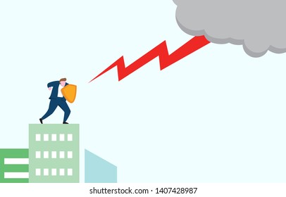 Courage Businessman with Shield Ready Confident Facing Thunder Storm Business Threat