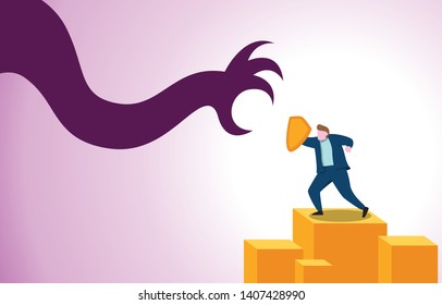 Courage Businessman with Shield Ready Confident Facing Monster Hand Business Threat