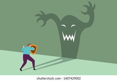 Courage Businessman with Shield Ready Confident Facing Monster Shadow Business Threat