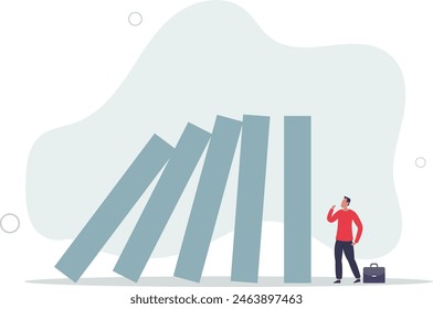 courage businessman thinking look at collapsing domino effect.flat vector illustration.