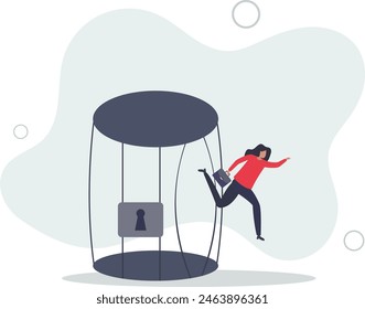 courage businesswoman escape from bird cage .flat vector illustration.