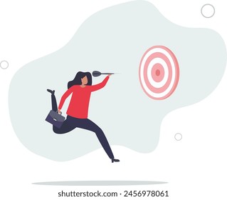 courage businesswoman jump to hit target.flat vector illustration.