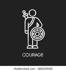 Courage Chalk White Icon On Black Background. Feeling Of Bravery, Fearlessness. Human Psychology, Mental State. Brave Person, Hero With Sword And Shield Isolated Vector Chalkboard Illustration