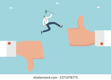 Courage and determination to change decision making for new opportunities, pros and cons of strategy, change negative feedback to positive, progress and growth, man jumps from thumb down to thumb up.