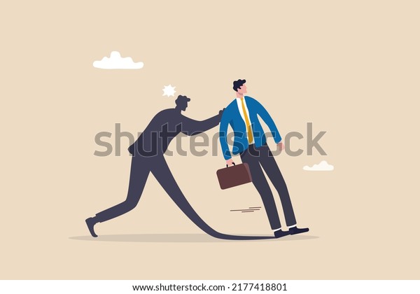 Courage entrepreneur, pushing yourself to\
success, encourage self believe, determination or aspiration to\
overcome challenge concept, fearful businessman being push by his\
shadow self to\
success.