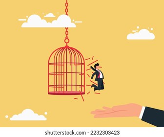 Courage to escape for freedom. brave businessman jumped away from the aviary, get out of comfort zone to find new job