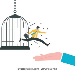 Courage to escape for freedom. brave businessman jumped away from the aviary, get out of comfort zone to find new job

