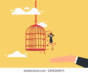 Courage to escape for freedom. brave businesswoman jumped away from the aviary, get out of comfort zone to find new job