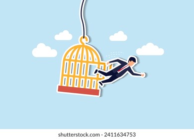 Courage to escape for freedom, get out of comfort zone to find new job, open mind or fly away for better life, hope and liberty concept, courage businessman escape from bird cage jump and fly away.