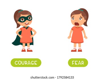 Courage and fear antonyms word card vector template. Flashcard for english language learning. A brave little girl in a heroic pose and a superhero costume, a frightened child with fear on her face.