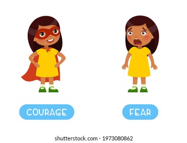 Courage and fear antonyms word card, opposites concept. Flashcard for English language learning. Brave Indian little girl in a heroic pose and a superhero costume. Frightened dark skin child with fear