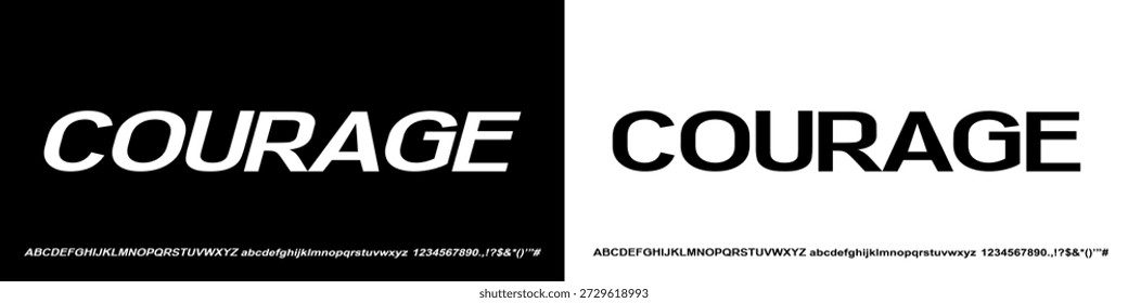 Courage font é Uma fonte de exibição sem serifa moderna com formas geométricas fortes e estilo limpo, perfeito para marcas esportivas, tecnologia e manchetes.