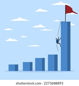 courage and growth concept, businessman climbing charts and graphs to the top of a high bar, Efforts to achieve targets or achieve success goals, ambition or determination to grow and achieve goals.