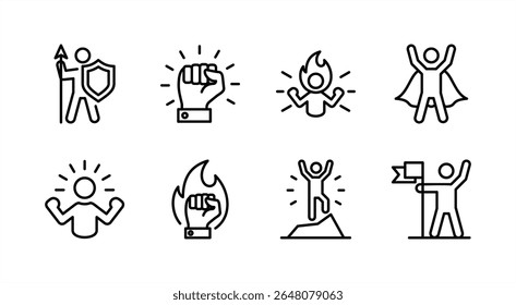 Courage icon set. Contains power, bravery, passion, spirit, super, strength, strong, confidence, powerful, motivation, leadership, successful business achievement goal. Vector illustration