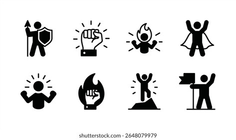 Courage icon vector set. Contains power, bravery, passion, spirit, super, strength, strong, confidence, powerful, motivation, leadership, successful business achievement goal. Illustration
