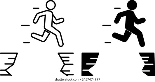 Courage icons. Black and White Vector Icons of a Man Jumping Over a Cliff. Determination, Strength, Confidence, Bravery. Mental Health. Positive Thinking Concept